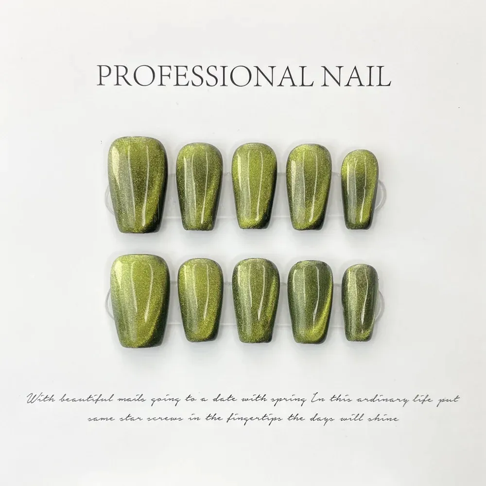 Handgemaakte groene luxe nagels set druk op y2k Koreaanse middellange kattenoog herbruikbare lijm valse nagels volledige deksel nagelstips 240425