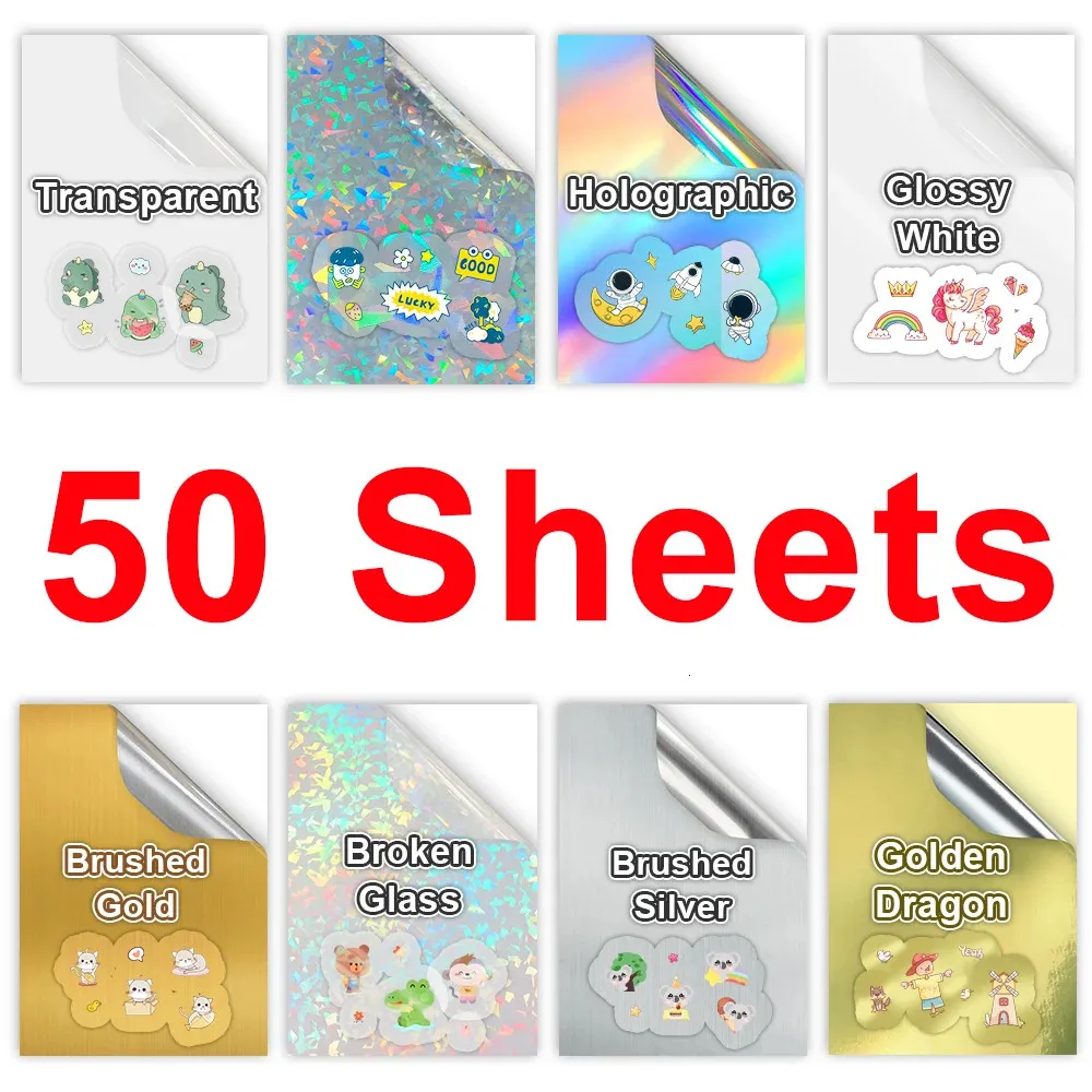 50 Sheets A4 Transparent utskrivbar vinylklistermärke Papper Glossy White Self-Adheisve Copy Paper för bläckstråleskrivare DIY Crafts Tapes 240423