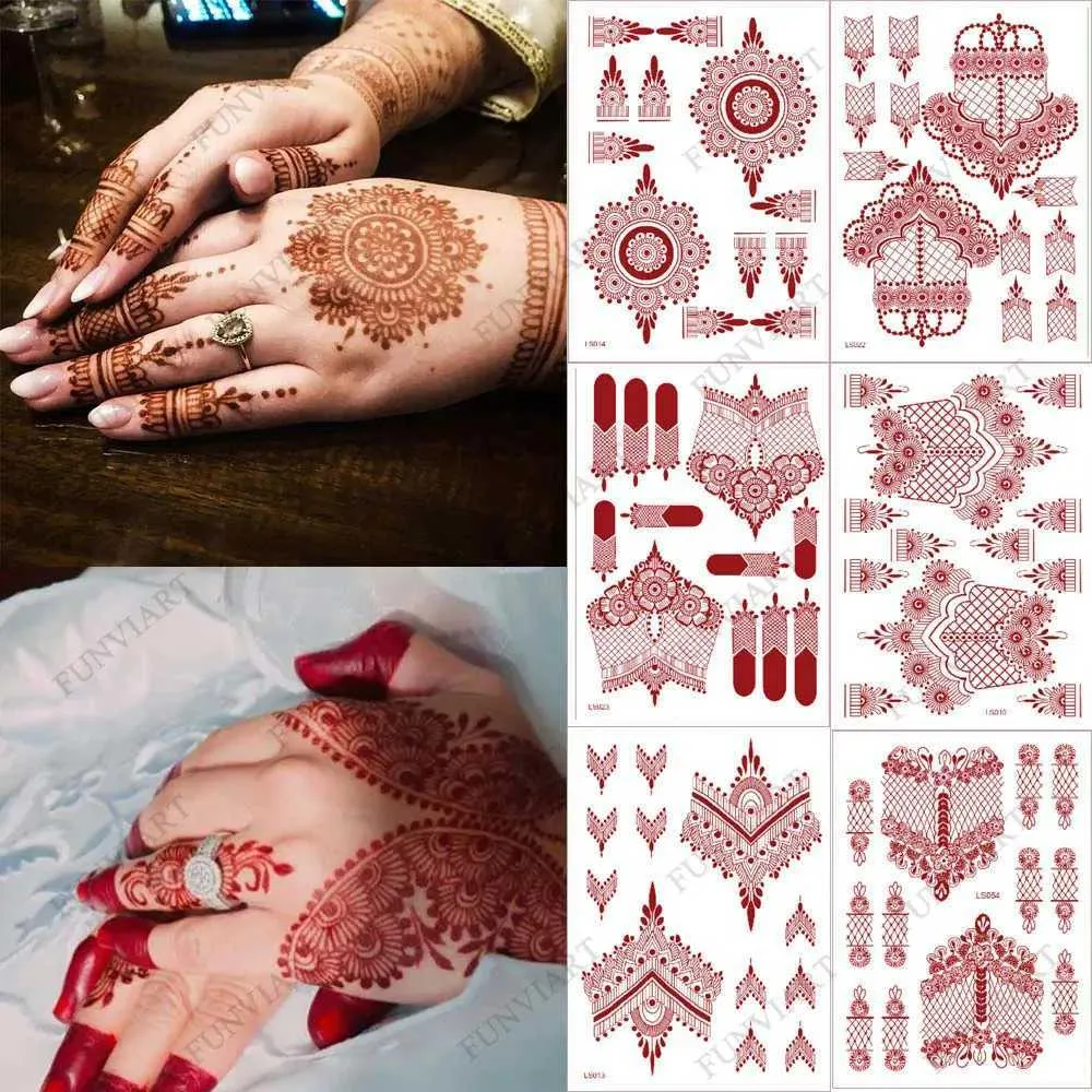 Transfert de tatouage 10 pcs / ensemble Couleur marron Henné Stickers de tatouage pour la main Brown Red Henné Tatouages pour femmes imperméables Mehndi Tatouage temporaire Faux 240426