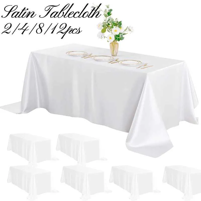 テーブルクロス2-12サテンテーブルクロスの白い長方形のテーブルクロスウェディングテーブルクロスの花嫁シャワーパーティーダイニングテーブル240426の装飾に使用されるパック