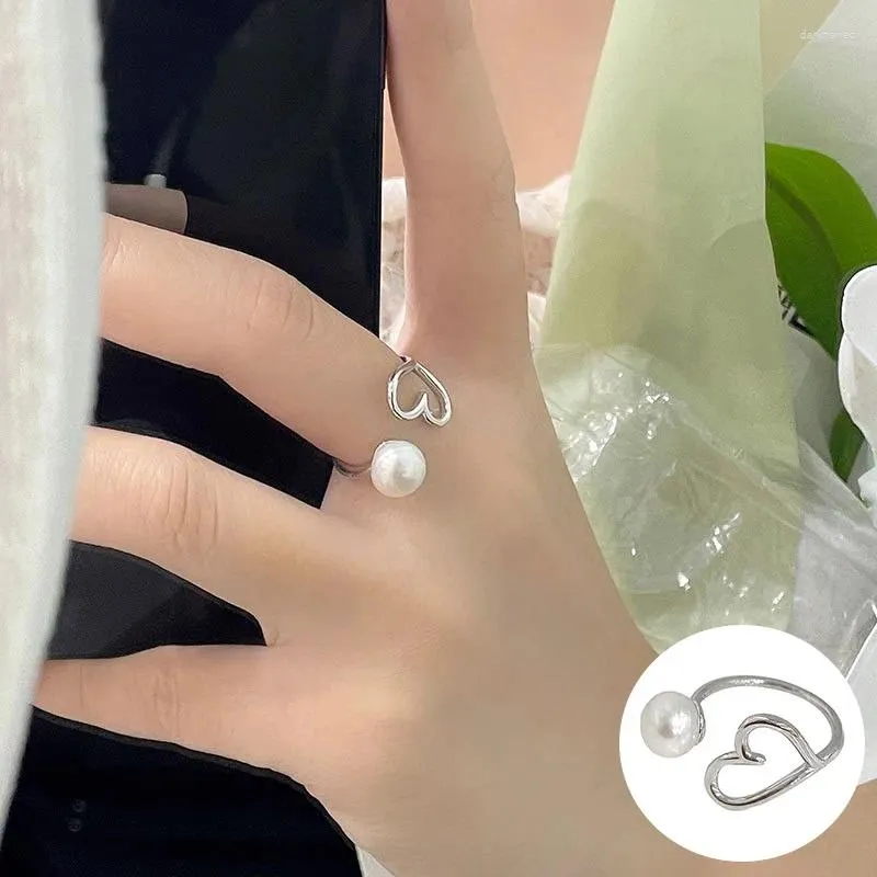 Cluster Rings 925 Sterling Silver Pearl Love Heart Open Ring For Women Girl Fashion Hollow Out Design Jewelry Party Gift Drop