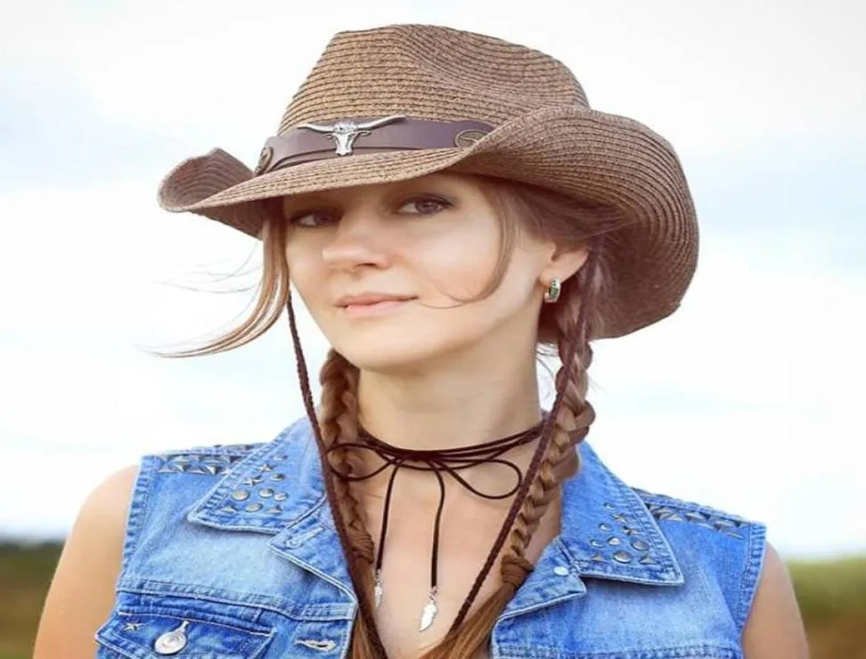 Cappelli larghi da donna estiva Straw Western Cowboy Cappello Cowgitrl Roll Fedora Outdoor Sombrero Hombre Jazz5748825