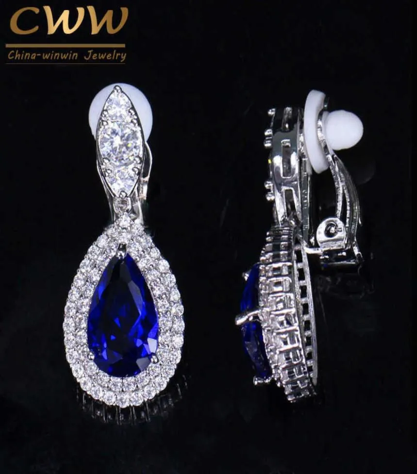 Fashion Women White Gold Color Dangle Drop CZ Royal Blue Crystal Paved No Pierced Ear Clip On Earrings Jewelry CZ164 2107143722355