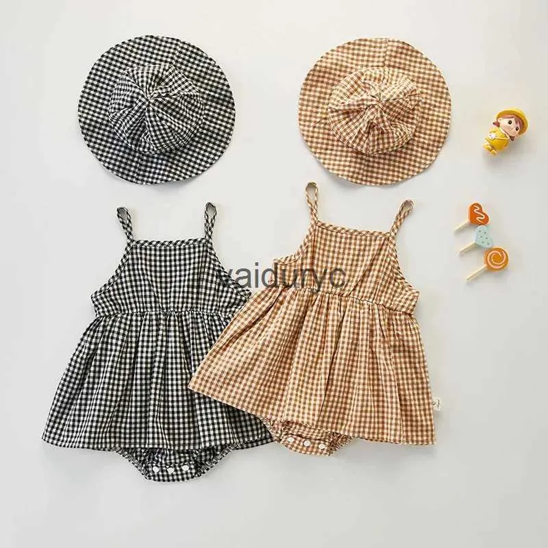 Rompers Summer Toddler Bodysuit Girl Baby Sling Plaid Dress With Hat Baby One Piece H240509