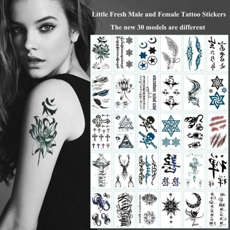 Tattoo -overdracht 30 stcs/set tatoeages tijdelijke waterdichte stickers voor heren vrouwen volwassen tribaal symbool Arabisch citaat nep tatoo stickers voor handen been 240427