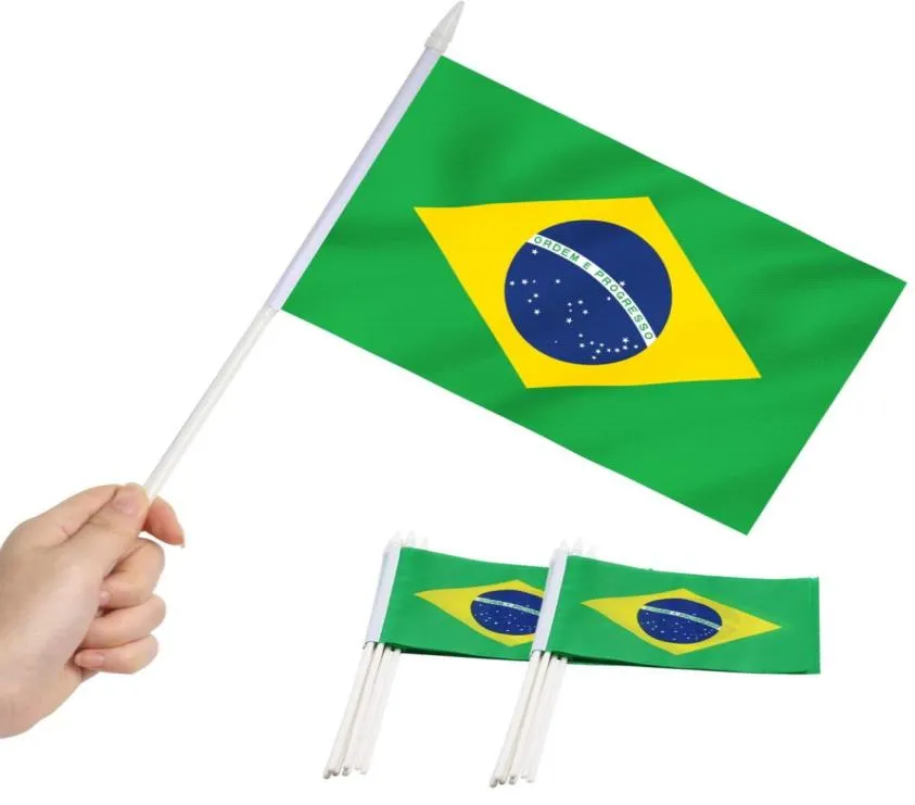 Bannerflaggen Anley Brazil Mini Flag Hand Hand gehalten kleiner Miniatur Brasilianer auf Stick Fade Resistant Lebent Colors 5x8 Zoll mit festem P7258152