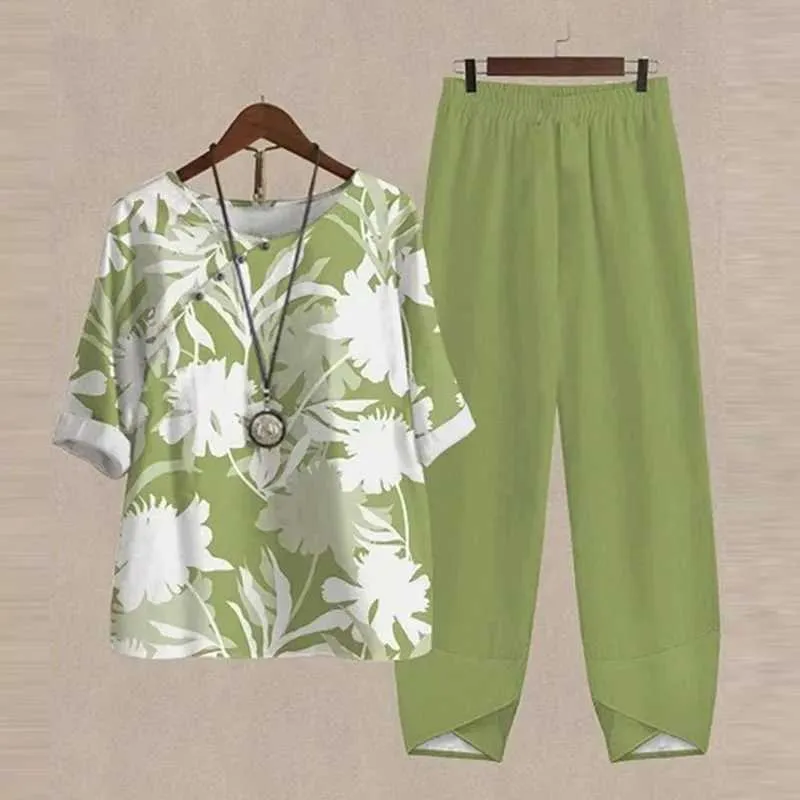 Calças de duas peças femininas harajuku padrão vintage impressão 2pcs Roupa as mulheres elegantes o pescoço de calça reta do pescoço de calça reta 2022 Spring Summer Summer praia