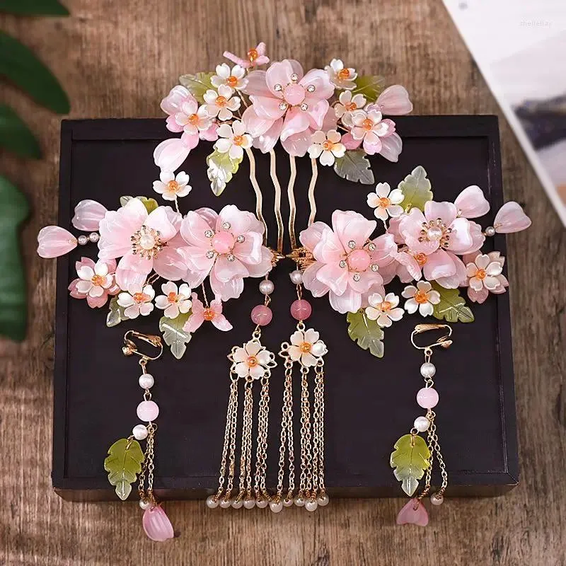 Hårklämmor Antik Pink Glass Peach Blossom Tassel Clip Earrings Set Kinesiska tillbehör för vuxna och barn