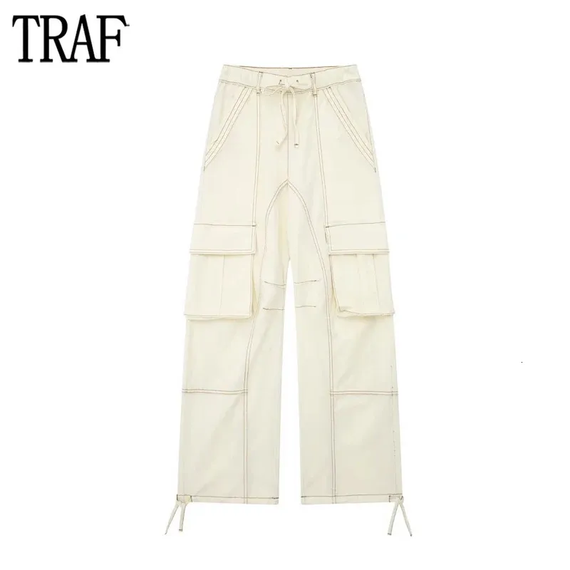 TRAF 2024 Cargo Pants for Women Beige Wide Leg Pants Women Summer High Waist Woman Trousers Holiday Casual Baggy Pants Woman 240420