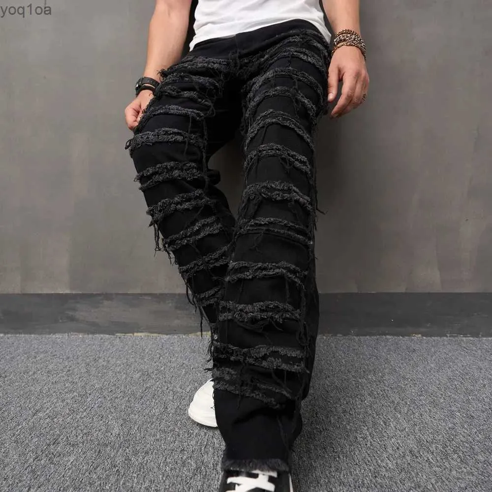 Jeans masculins pour hommes High Street Fashion Tear Patch jeans mens lâches Solide solide décontracté denim Shortsl2404