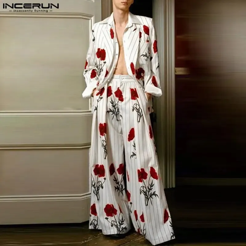 Masowe zestawy Mężczyzn Streetwear Flower Printing Lapel Blazer Blazer Pants 2pcs luźne męskie garnitury s-5xl inderun 240420