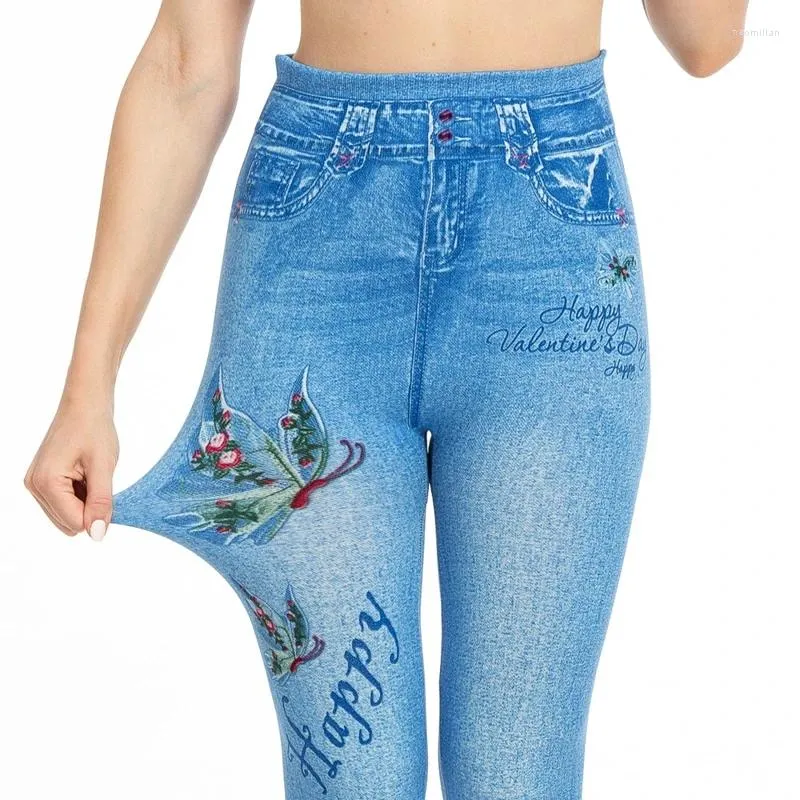 Damen -Leggings Frühling Schmetterlingsdruck Frauen hohe Taille Jeggings weiche lässige falsche Jeans Plus Size Dehnes Jeanshosen