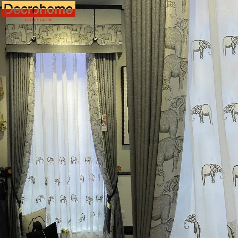 Gordijn American Elephant Print Stitching verdikte black -out gordijnen voor woonkamer slaapkamer Franse raam balkon Valance