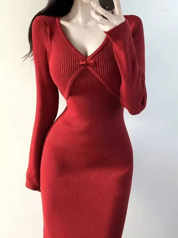 Повседневные платья Gagarich Spring Adulm Endual Retro Red Upered Вязаная винтажная кнопка Slim Fit Style Youth