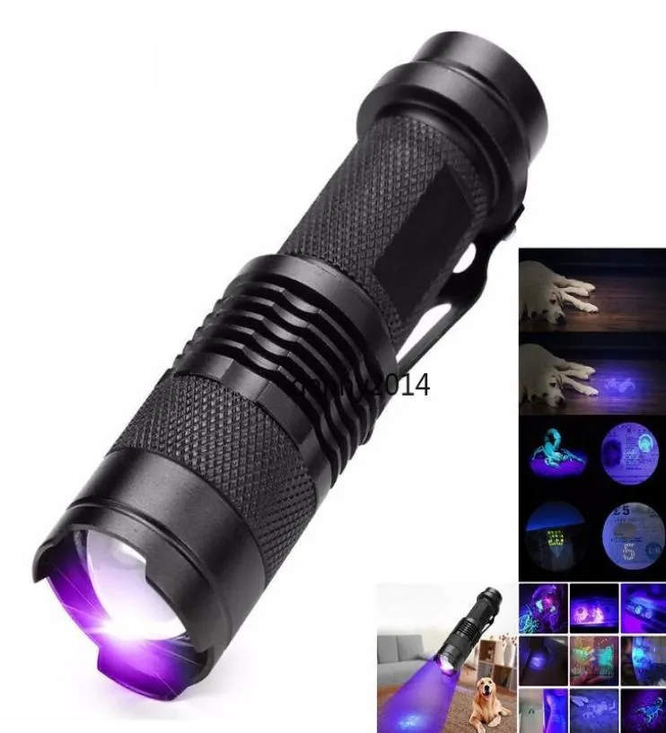 Taşınabilir UV El Feneri Mini Q5 XML LED Meşalesi 395nm 365Nm Blacklight Menekşe Işık Troch Mor Aydınlatma Flaş Işıkları Alüminyum Torch3843595