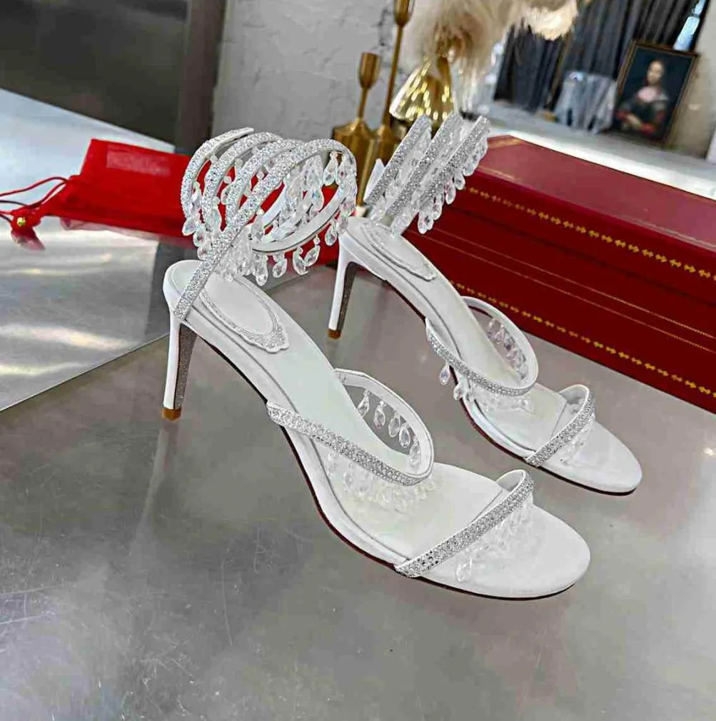 Rene Caovilla sexy Frauen High Heeled Sandals Designer Crystal Diamond Luxury Brand Metall Letter Schnalle Damen Slip Speced Toe SAN9749671