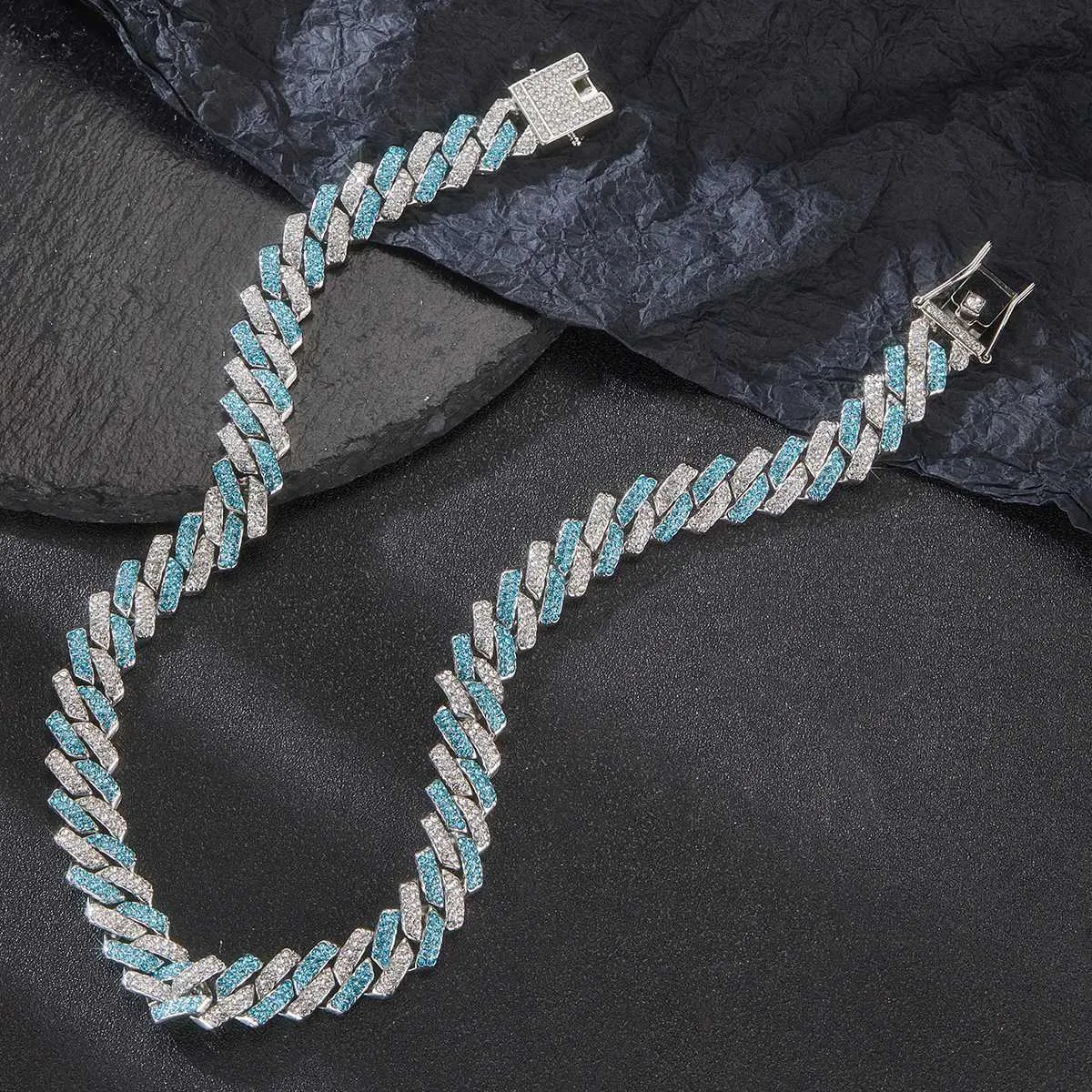 Strands Full flow water stone geometric blue heavy Cuban chain link mens necklace hip-hop jewelry 240424