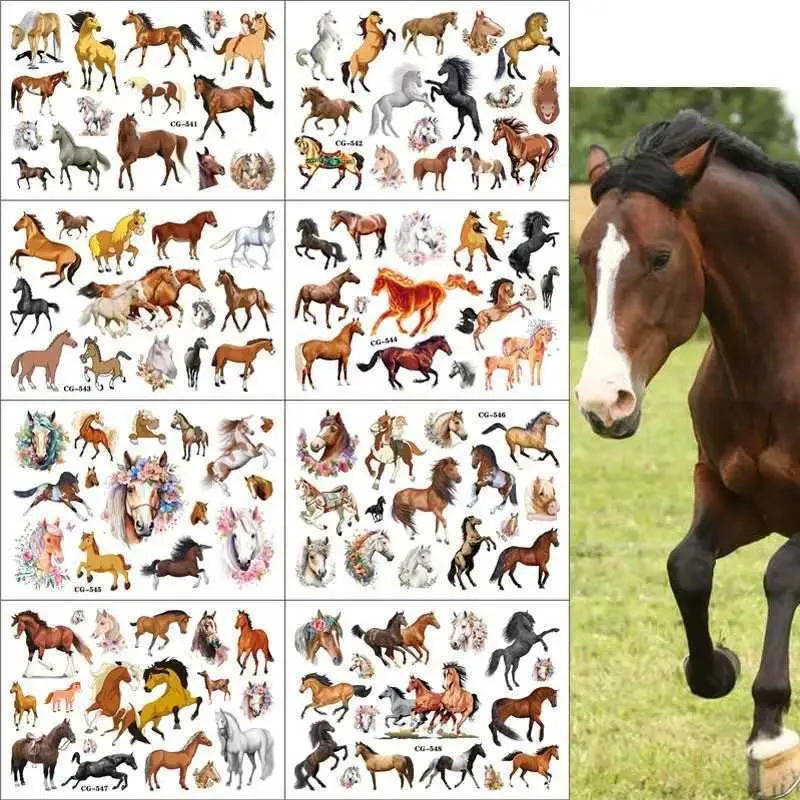 Transfert de tatouage 1pcs Nouveau cheval mignon faux tatouages temporaires pour les enfants de fête d'anniversaire pour les enfants Favors Horse tatouages Autocollants Décoration 240426