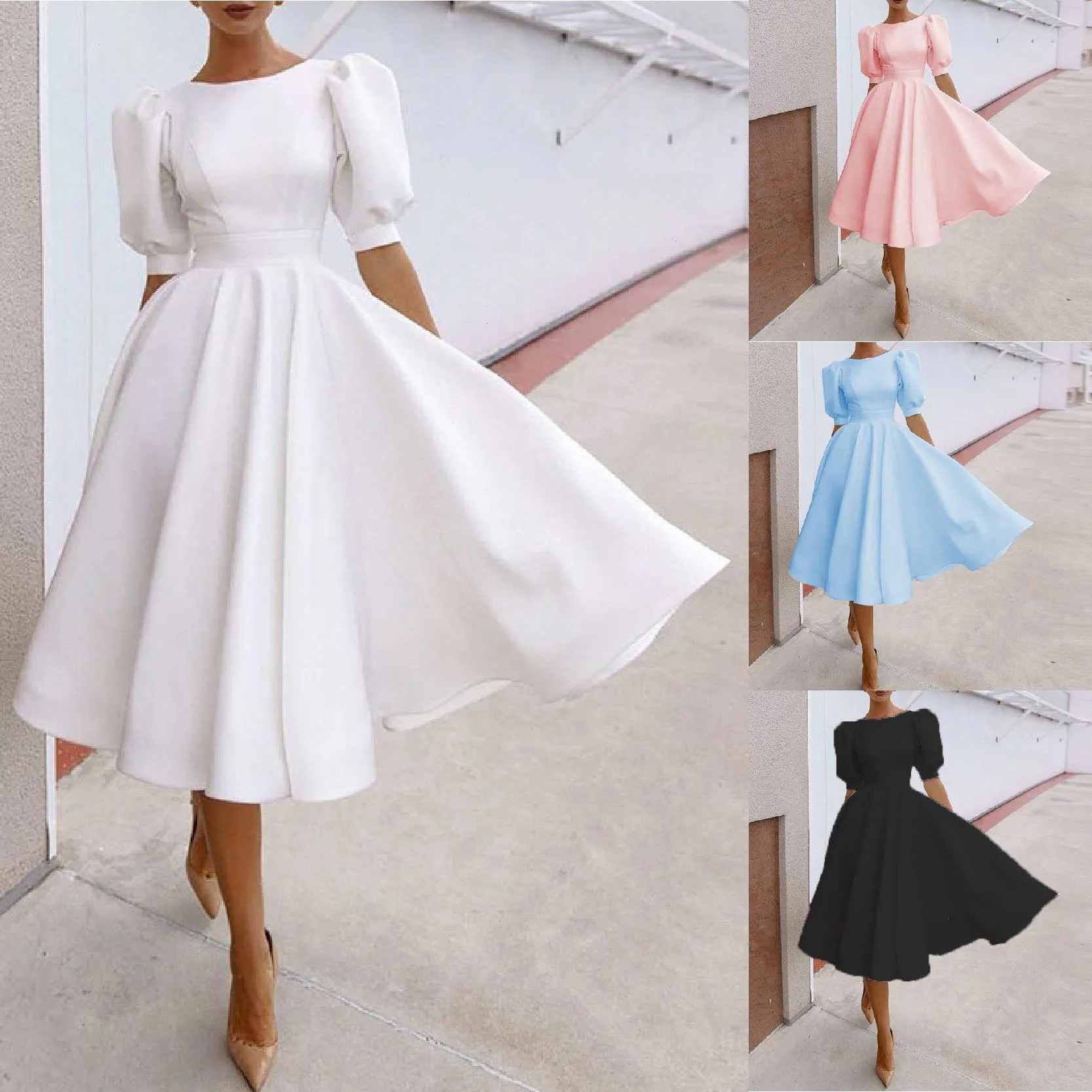 Spring And Summer Solid Color Slim Fit Womens Dress Fashionable Sexy Large Swing Short Sleeve Midi