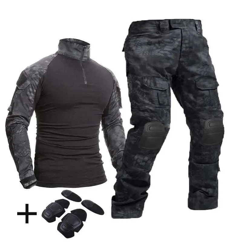 Tactical T-shirts Mens tactical set with padding battle shirt/pants military uniform American T-shirt sniper battle shirt army camouflage outdoor mens set 240426