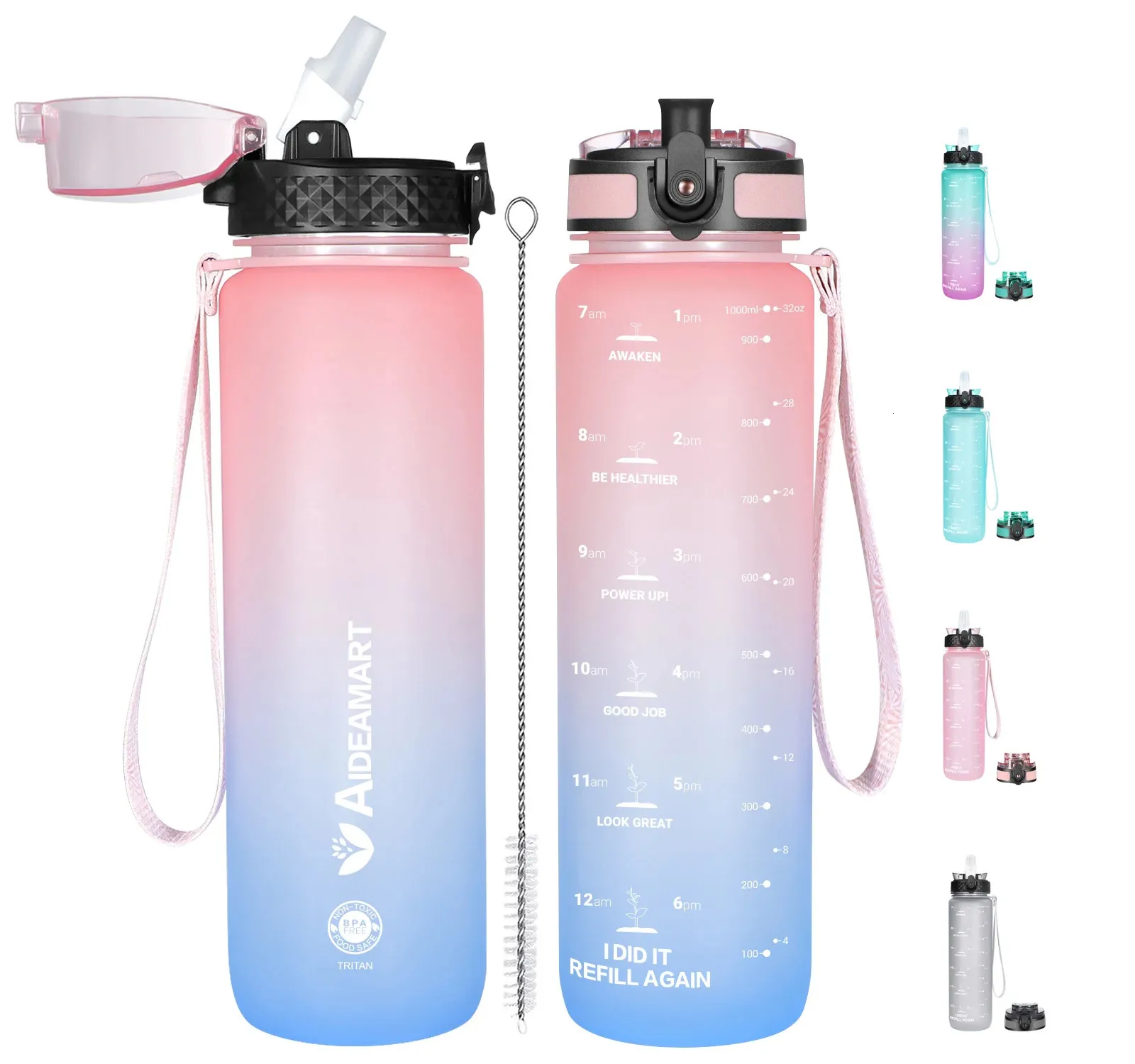 1L Big Water Bottle with Time Marker BPA Free Tritan Plastic 32oz pour le couvercle de paille de débit hydraté pour le vélo 240416