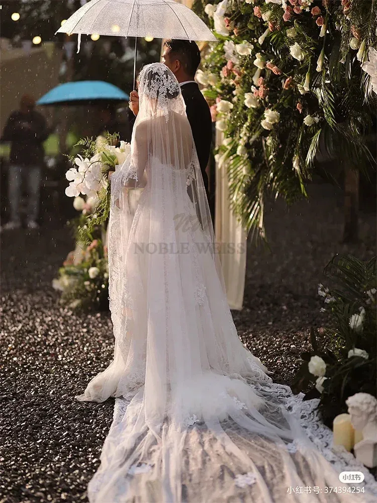 1T Wedding Veil Lace Long Bridal Veils Cathedral Length With  display picture 1