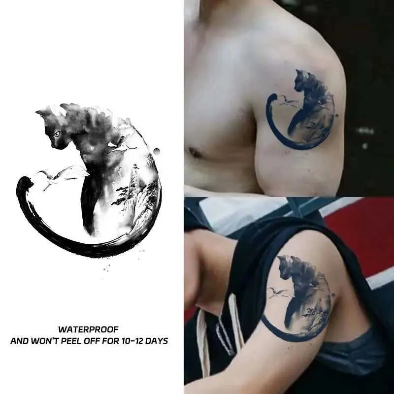 Tatuering Överföring Tillfällig tatuering av klistermärken Vattentät bläck Black Cat Element Mens Fake Tattoo Arm Calf Stickers Simulated Tattoo Color 240426