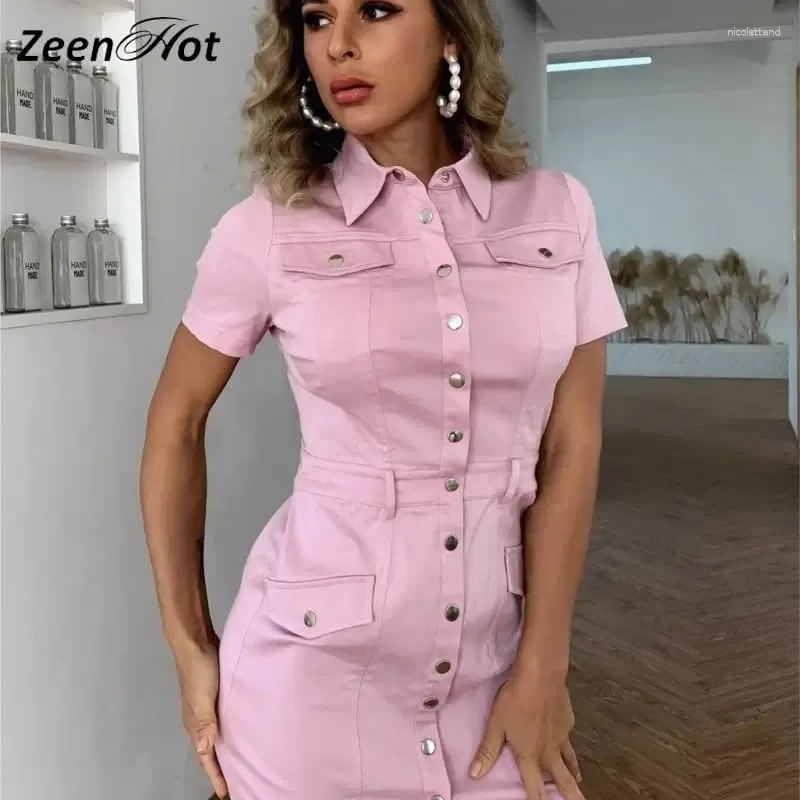 Party Dresses Sexy Dress Solid Color Short Sleeve Pancil Knee Length Skirt Lapel Single Breasted Stitching Slim Shirt