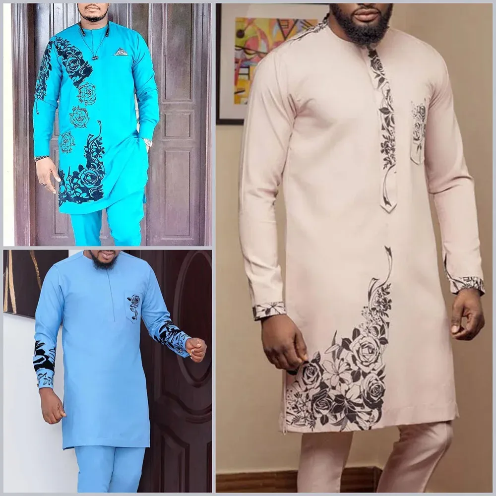 Summer mens Kaftan luxury clothing set fashionable and casual ethnic style long sleeved shirt sports pants 2PCS wedding mens clothing 240423