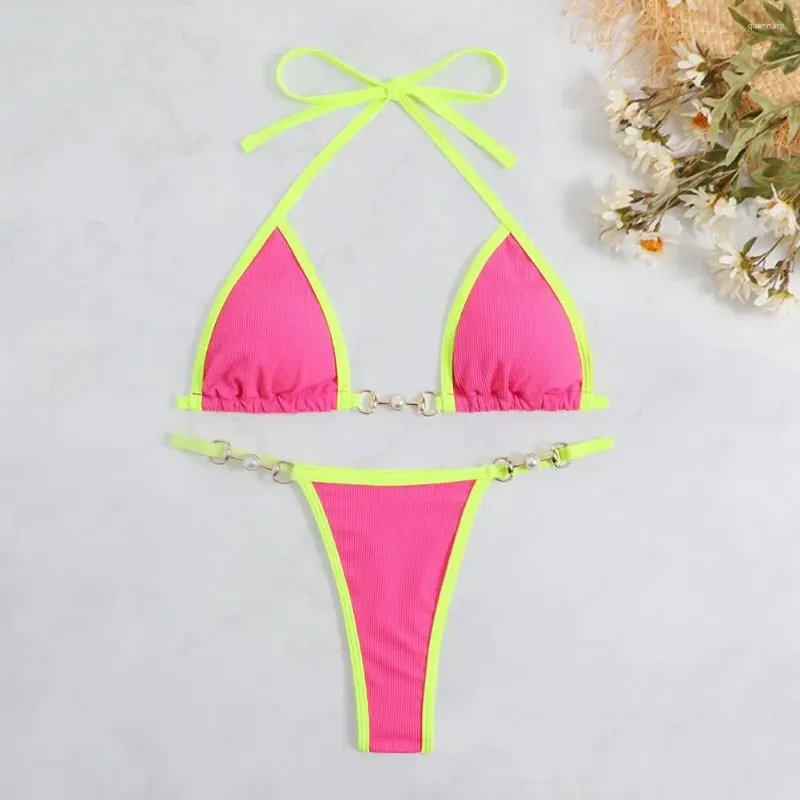 Women's Swimwear 2 Pcs/Set Women Bikini Set Three-point Exposed Backless Halter Neck Swimming Lace Up Faux Pearl Lady Swimsuit