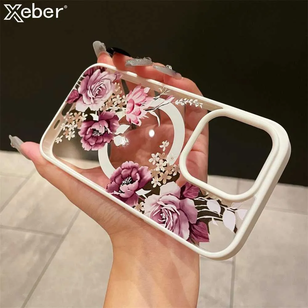 Mobiltelefonfodral lyx Retro Floral Magnetic Magsafe Wireless Charging Case Lämplig för iPhone 15 11 13 14 Pro med maximal transparent chockabsorbering J240426