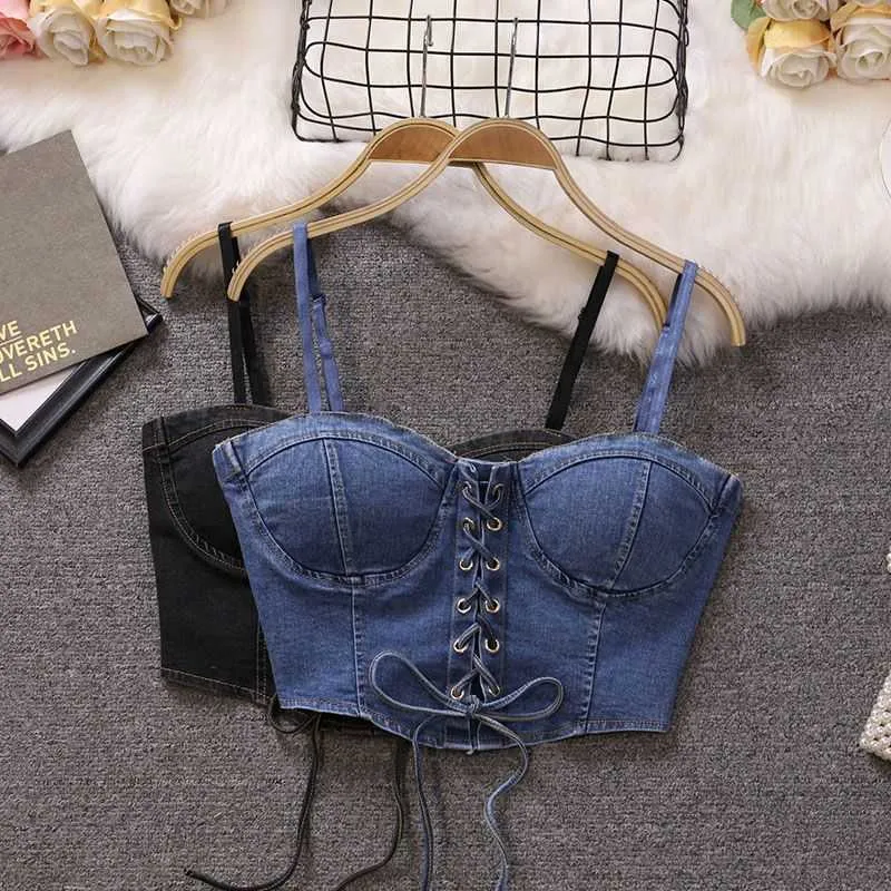 Denim stropplös kort halter bas sexig topp krydd flicka bak vår sommar halter inuti med yttre slitage q240426