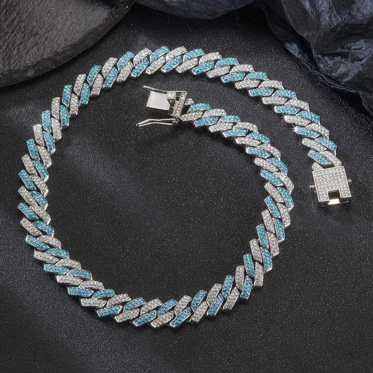 Strands Full flow water stone geometric blue heavy Cuban chain link mens necklace hip-hop jewelry 240424