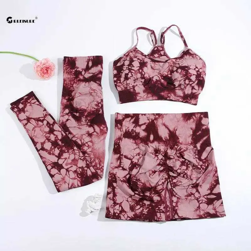 Women's Tracksuits CHEISSURE 2/3 piece lace up dye yoga set seamless sports set womens elastic gym sports fitness set outdoor running sportswear 240424