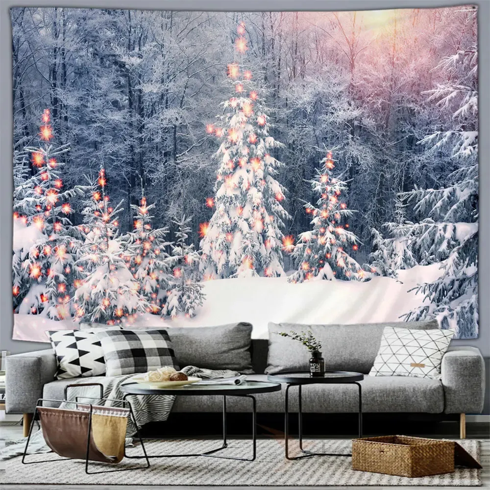 Winterwald Schnee Szene Wandteppich Wand Hanges Weihnachtsbaum Happy Jahr Schlafzimmer Wohnzimmer Terrasse Wand Hänge Wanddekor 240415