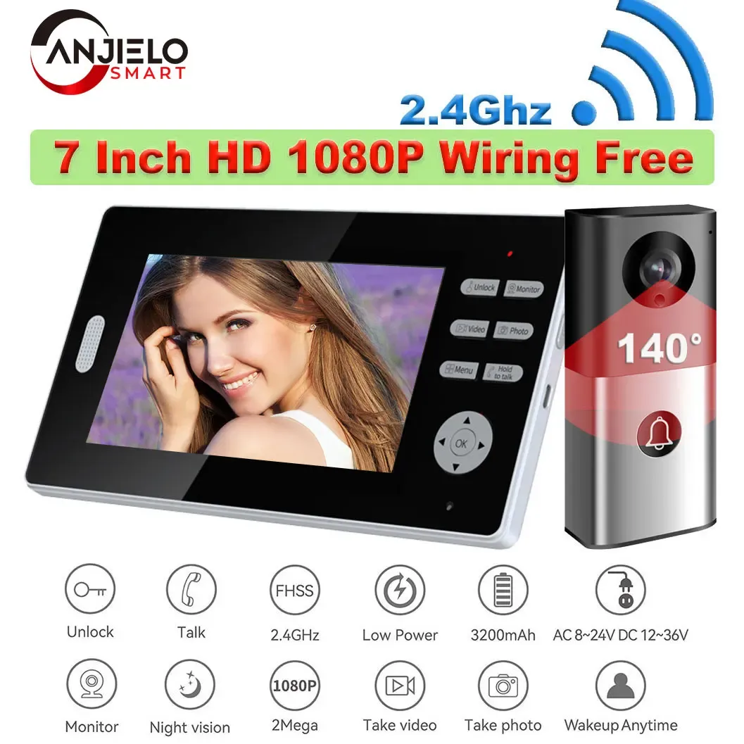 Câmara de campainha de 2,4 GHz Cobertura de longo alcance 7 polegadas HD 1080p Door sem fio Intercom Intercom 2MP Phone desbloqueia monitor 140 ° Segurança doméstica