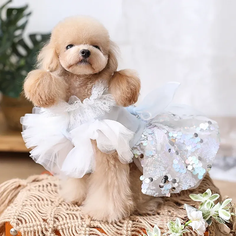 Dresses Fashion Handmade Dog Clothes Pet Items Princess Dress Dreamy Light Blue Tulle Lace Chameleon Sequin Skirt More Layers One Piece