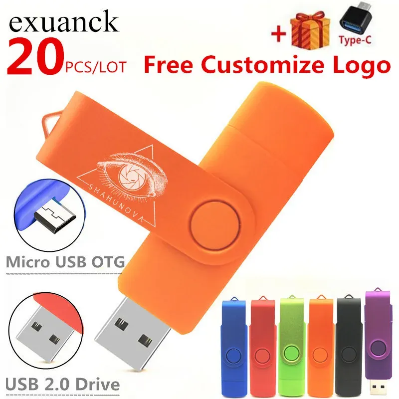 Drive 20pcs/Lot Custom Logo Mini USB -флэш -накопители 32 ГБ 16 ГБ ручки Pendrive 64 ГБ OTG 2 в 1 Memoria USB Stick 8GB 4GB U Disk