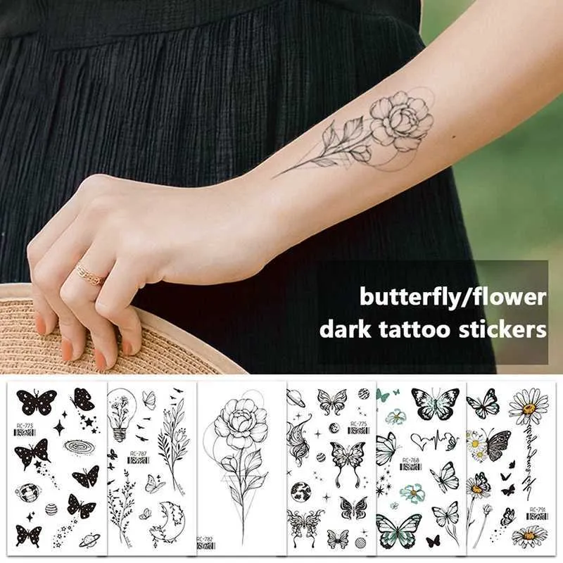 Tatuagem Transferência de tatuagem Impermeável Tattoo Tattoo Adesivos Butterfly Rose Transferência de Flash Tatoo Mulheres Sexy pescoço Hand Hand Body Art Fake Tattoos 240427