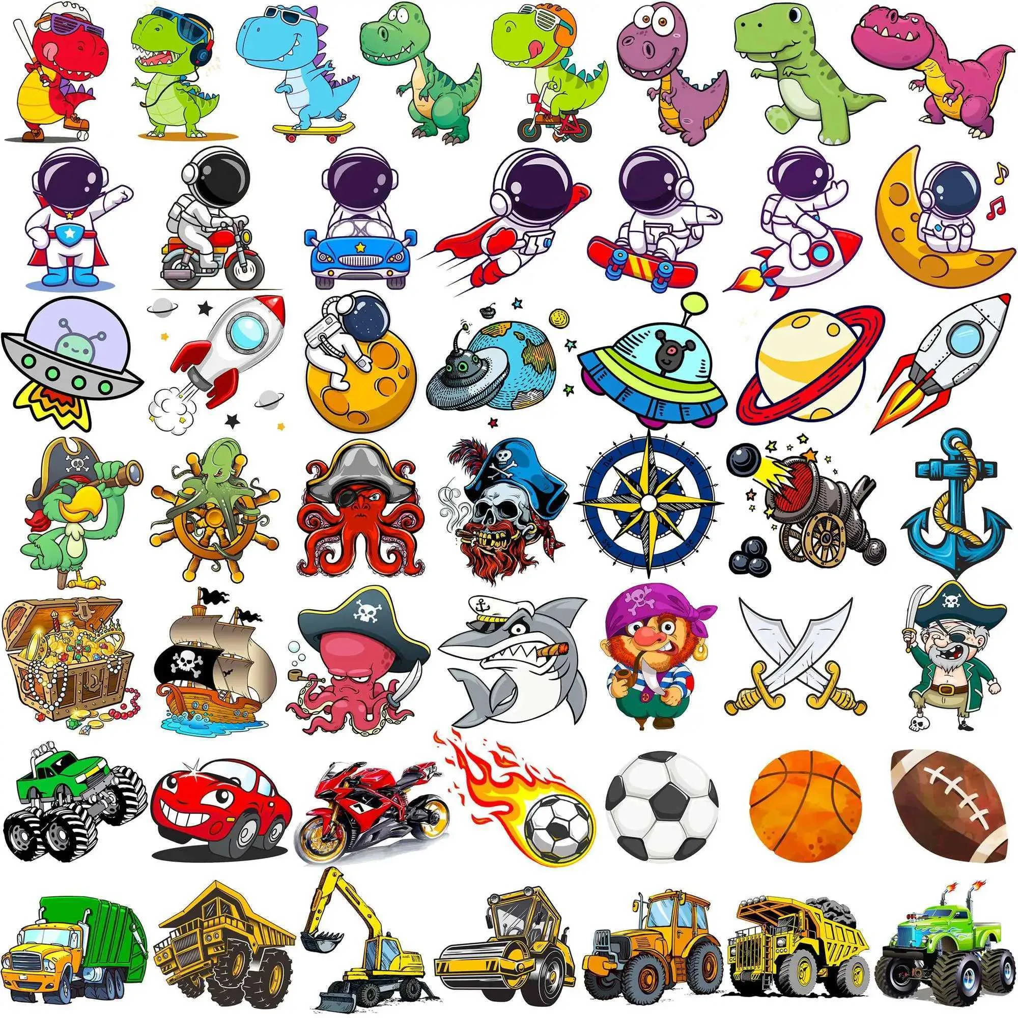 Tattoo -overdracht 50 PCS 3D Cartoon Tijdelijke tatoeages voor kinderen Volwassenen Party Fake Tattoo Dinosaur Space Pirate Construction Car Flash Tatoos Small 240427