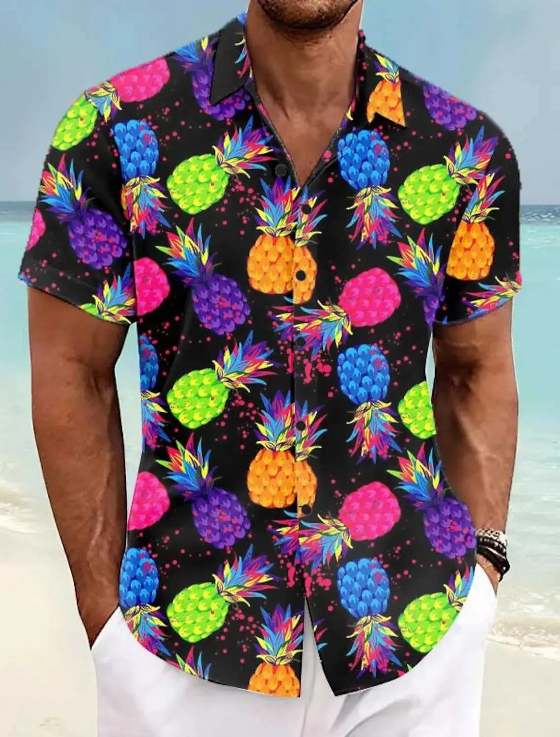 Men's Casual Shirts Pineapple Tropical Mens Shirt Summer Aloha Shirt Casual Holiday Summer Spring Turndown Short Sleeve Stretch Fabric Shirt 240424