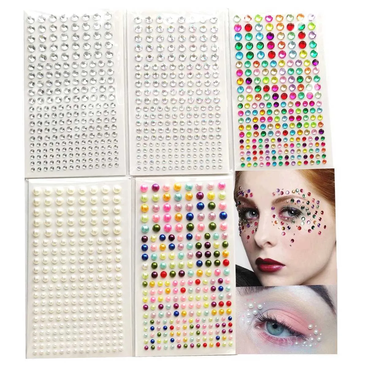 CY28 Tattoo Transfer 3D Eyes Face Makeup Temporary Tattoo Self Adhesive Beauty White Pearl Jewels Stickers Festival Body Art Decorations Nail Diamond 240426