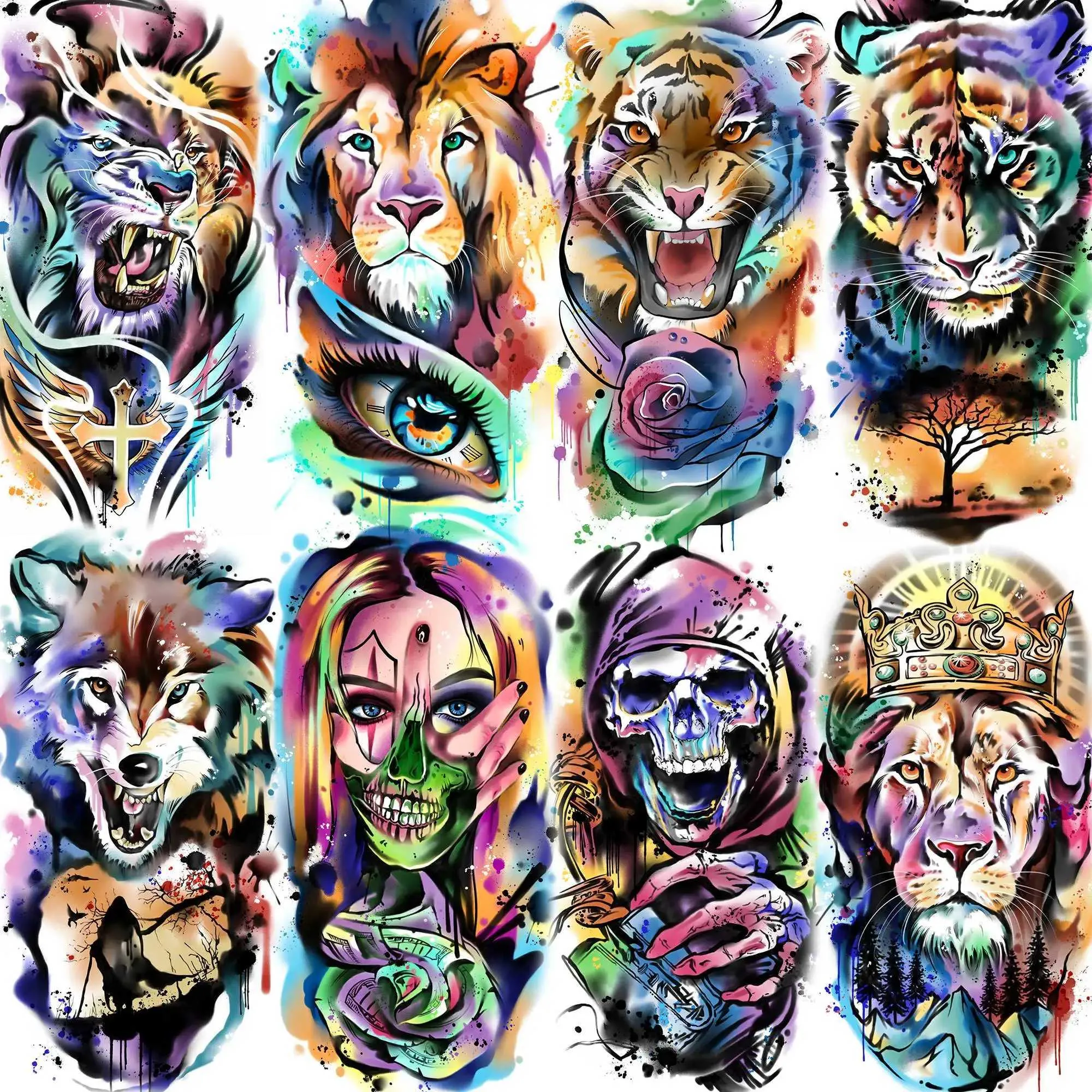 Tattoo Transfer 8 Blätter Flash Wolf Lion Tiger Temporäre Tattoos für Frauen Männer Erwachsene gefälschte Tattoo Aufkleber gefälschter Blumen Gangster Schädel Tatoos Kits 240426