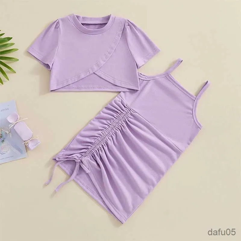 의류 세트 아기 의류 여자 여름 의상 단단한 짧은 소매 티셔츠와 드리 링 루치 슬리빙 드레스 어린이 옷