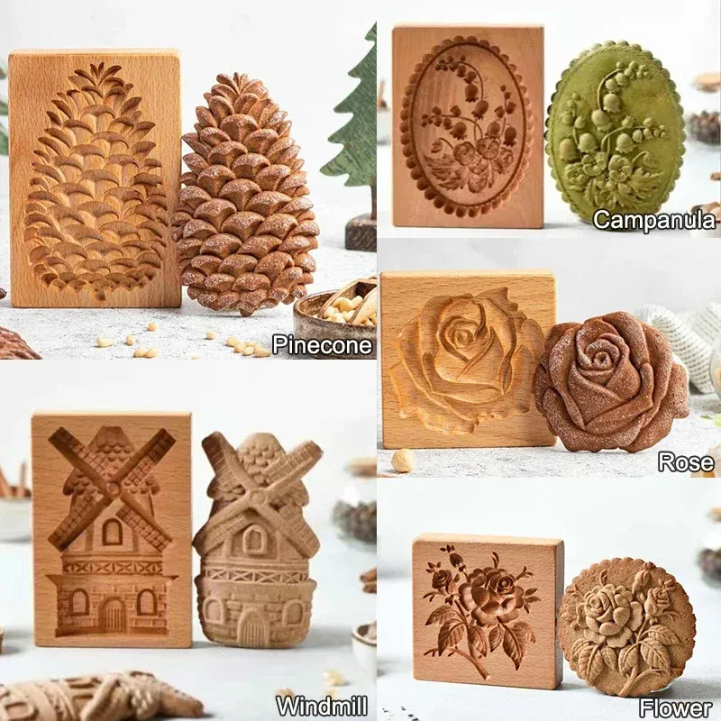 Moulds Creative Wooden Cookie Die Cutter Wooden Gingerbread Cookie Die Press 3D Cake Embossing Baking Die Rose Kitchen Bakery Gadgets