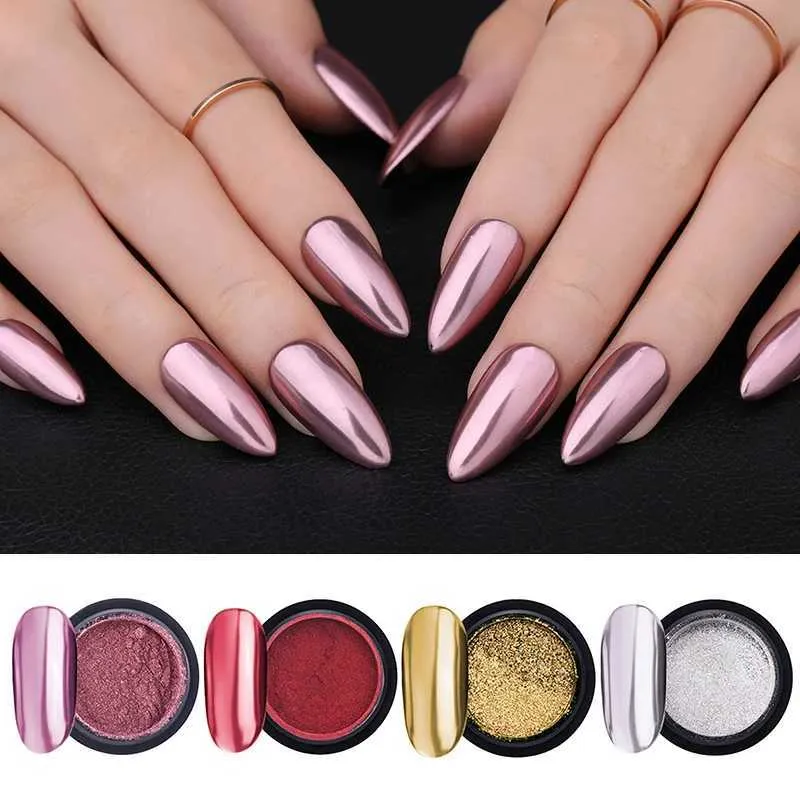 Nagellack 1 Box Nail Mirror Powder Nail Glitter Metallic Color Pigment för nagelkonst UV Gel Polering Rose Gold Silver Colors Y240425