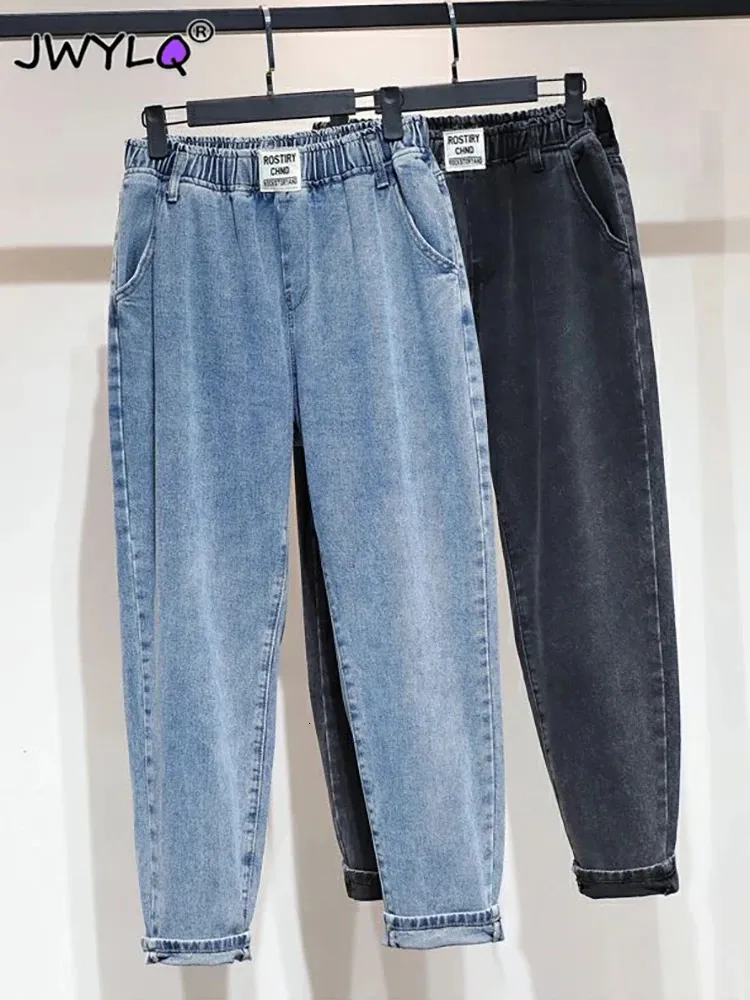 Zagranizacja 5xl wysoka talia elastyczna talia kostki haremu dżinsowe spodnie Kobiety Proste podstawowe luźne streetwearki kobiety Vaqueros 240409