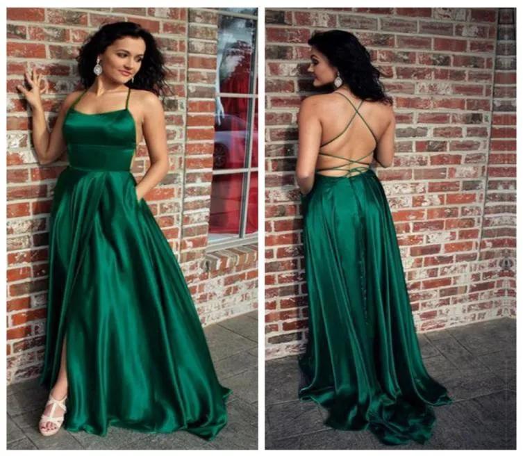 Sexy halter Backless Side Slit een lijn lange groene prom -jurken met zakken Satin Dress Party afstudeerjurken2988305