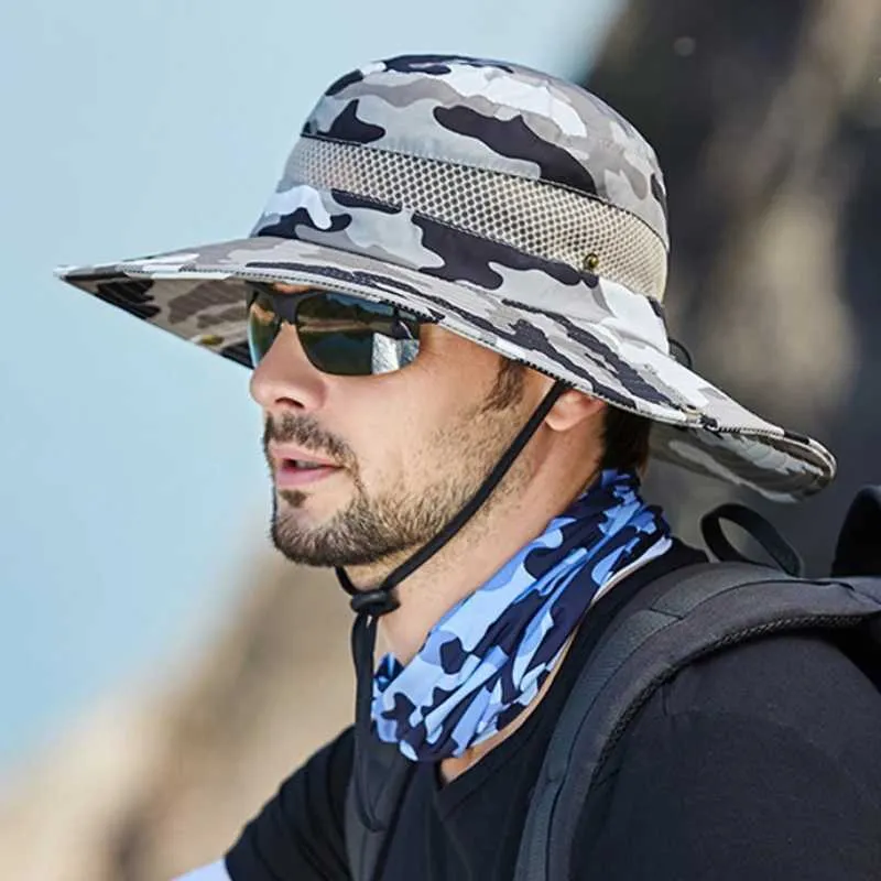 Chapeaux à bord large chapeau de seau Nouveau chapeau de seau de camouflage classique pour hommes Summer UV Protection grimper chapeau de pêche 10cm