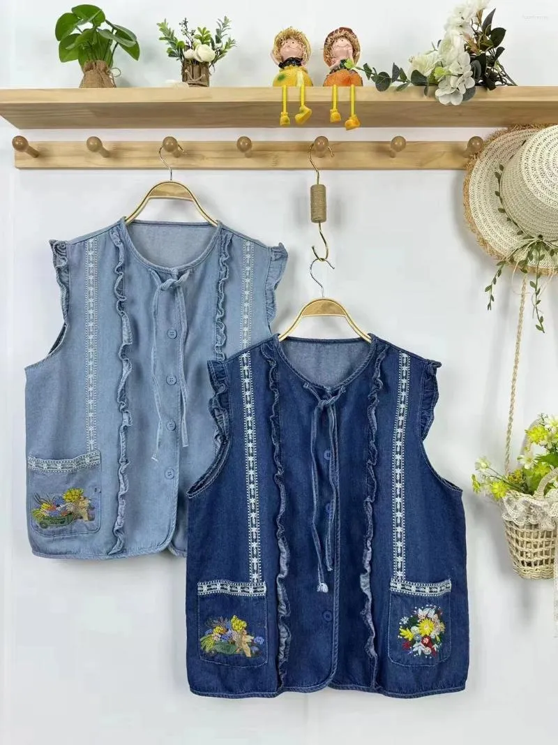 Kamizelki damskie Mori Kei Odzież Vintage Haftowana dżinsowa kamizelka dla kobiet Summer Stringe Sinvedge koronkowy kardigan Boho Jean